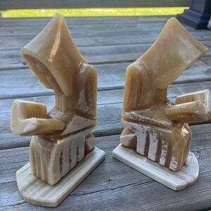 Pair Of Handcarved  1950s Vintage Onyx Marble Reading Monk Bookends 8"